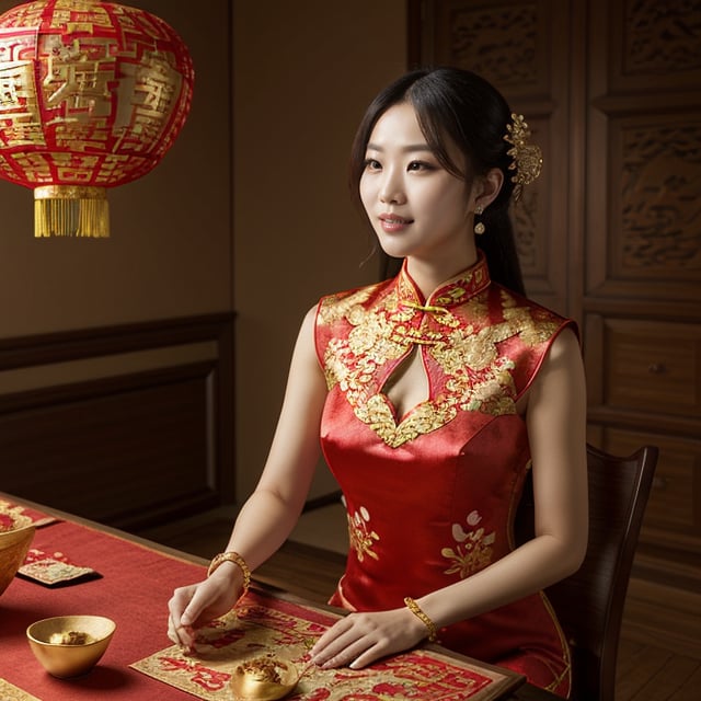 The living room is decorated with Chinese New Year decorations,  and there are several Jin yuanbao on the table. A girl is sitting at the table wearing a cheongsam.,<lora:EMS-273838-EMS:0.800000>