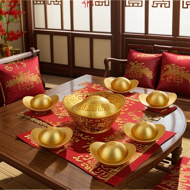 The living room is decorated with Chinese New Year decorations,  and there are several large Jin yuanbao on the table. Jin yuanbao, Jin yuanbao,<lora:EMS-273837-EMS:0.800000>