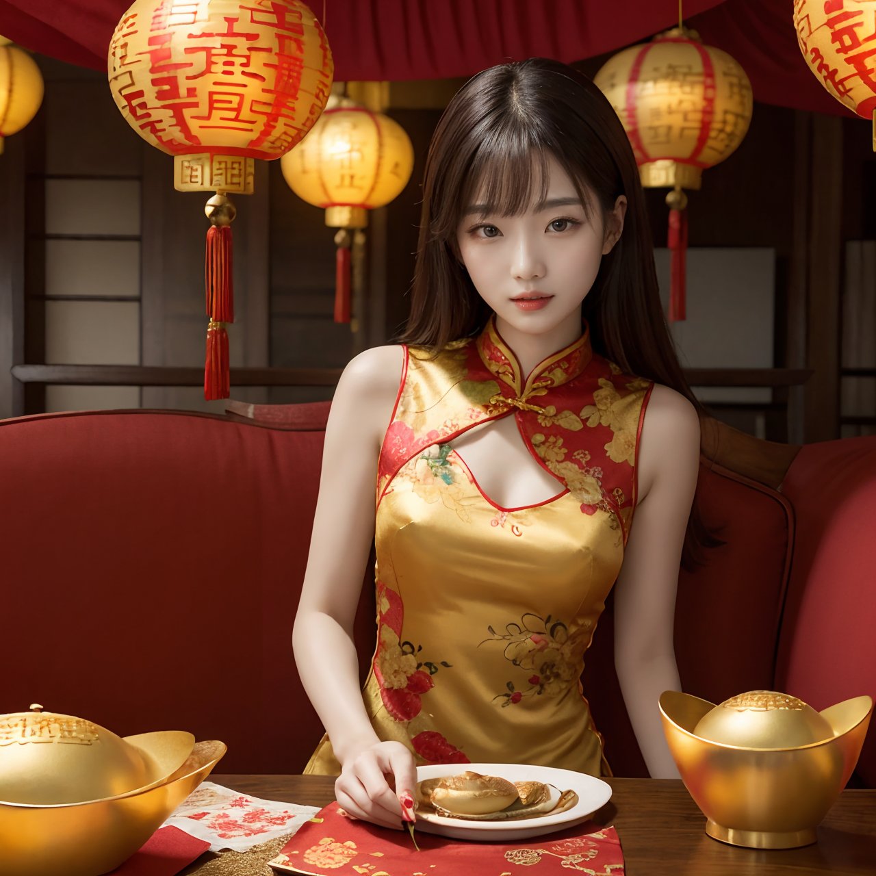 The living room is decorated with Chinese New Year decorations,  and there are several Jin yuanbao on the table. A girl is sitting at the table wearing a cheongsam., Jin yuanbao,<lora:EMS-273837-EMS:0.800000>