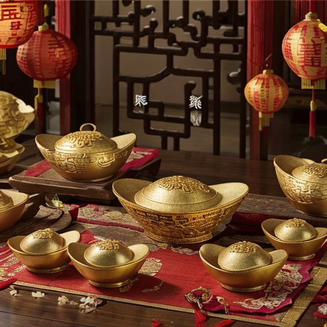 The living room is decorated with Chinese New Year decorations,  and there are several large Jin yuanbao on the table. Jin yuanbao, Jin yuanbao,<lora:EMS-273838-EMS:0.800000>