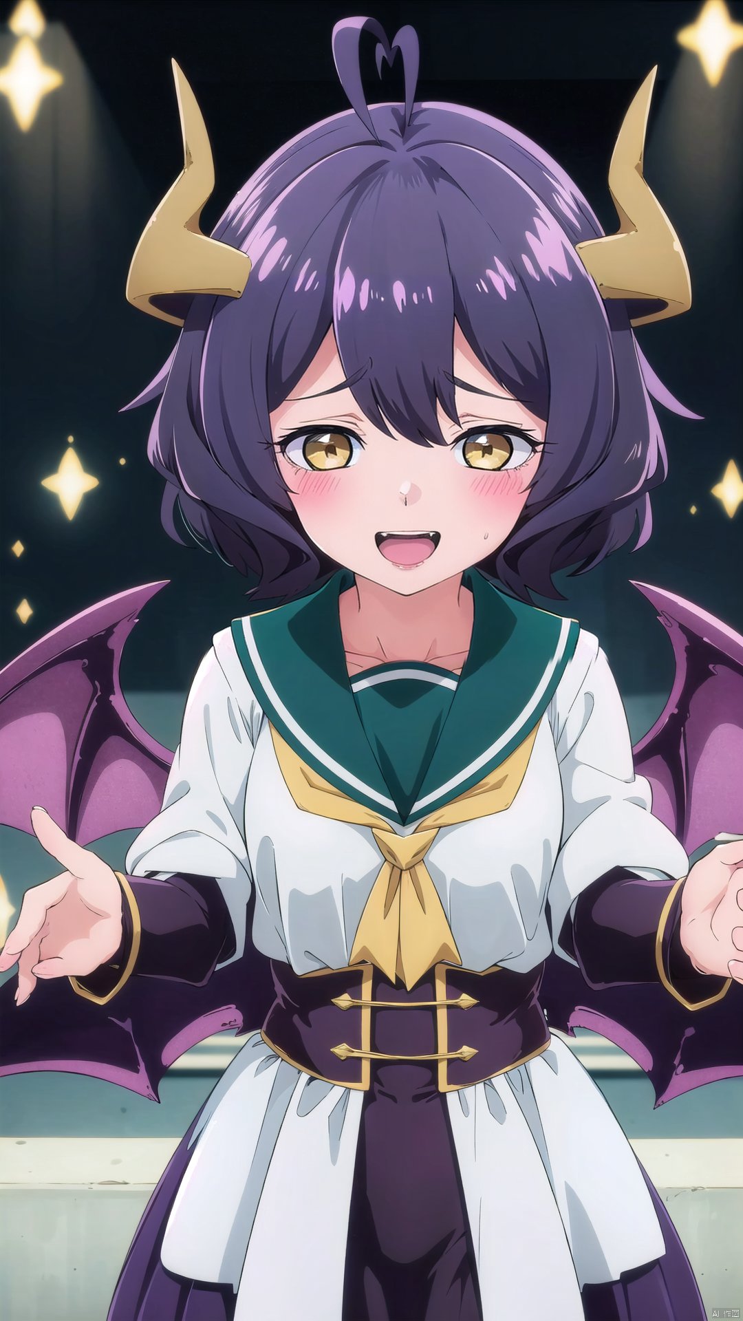 1girl,solo,open mouth,smile,short hair,blush,ahoge,looking at viewer,bangs,horns,wings,yellow eyes,demon girl,demon wings,school uniform,serafuku,hair between eyes,