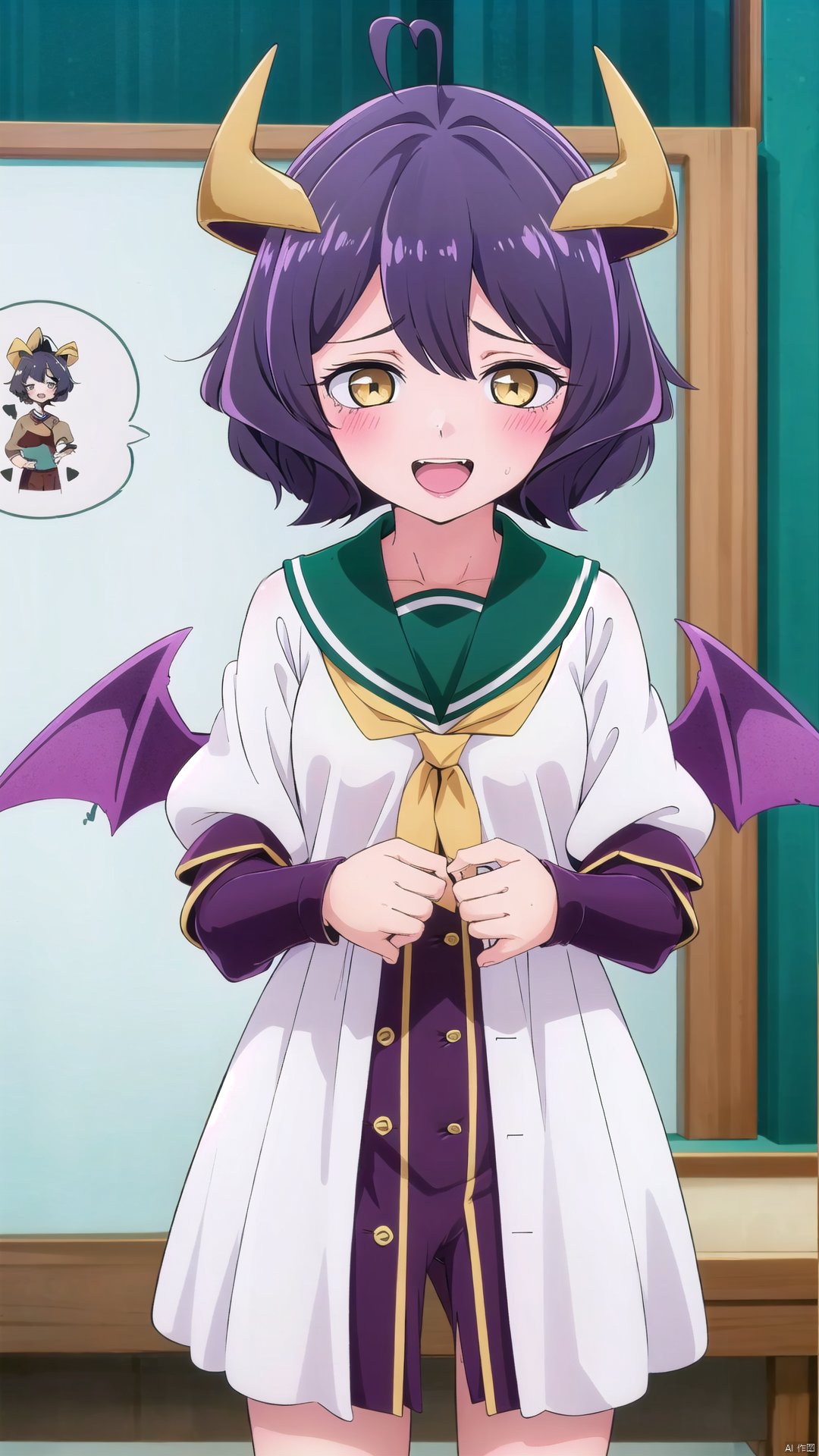 1girl,solo,open mouth,smile,short hair,blush,ahoge,looking at viewer,bangs,horns,wings,yellow eyes,demon girl,demon wings,school uniform,serafuku,hair between eyes,