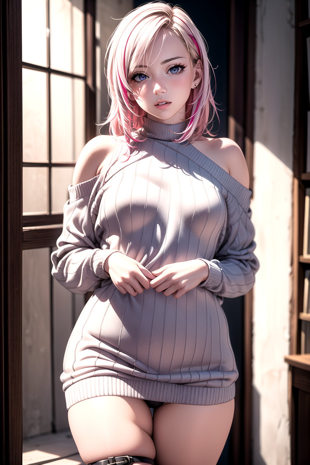 (masterpiece, best quality, high resolution, 64k, highly detailed, intricate), illustration, (realistic:1.75), (realistic design:1.5), soft light, more details, Full body,

1girl, Luna, blonde hair, (pink streaked hair), long hair, small breasts, (sweater dress:1.5), (fashion shop:1.275), indoor, thigh strap, bare shoulders, black lace thong, self_fondle, desire, vulgarity, erotic, up skirt, (dynamic posture),