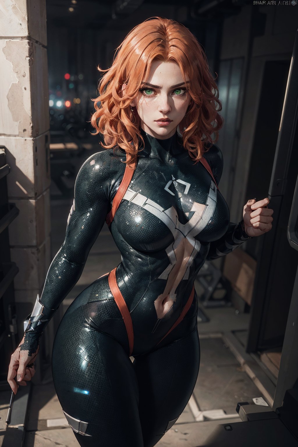 octane render, best quality, sharp focus, 8k, 4k, Masterpiece, Best Quality, (skin texture, extremely detailed:1.3), intricate, (hyper detailed, portrait, sharp detailed, beautiful woman:1.2), ginger wavy medium hair, green eyes, wearing shiny black bodysuit, fitness body, serious face, spy, underground base, (solo),