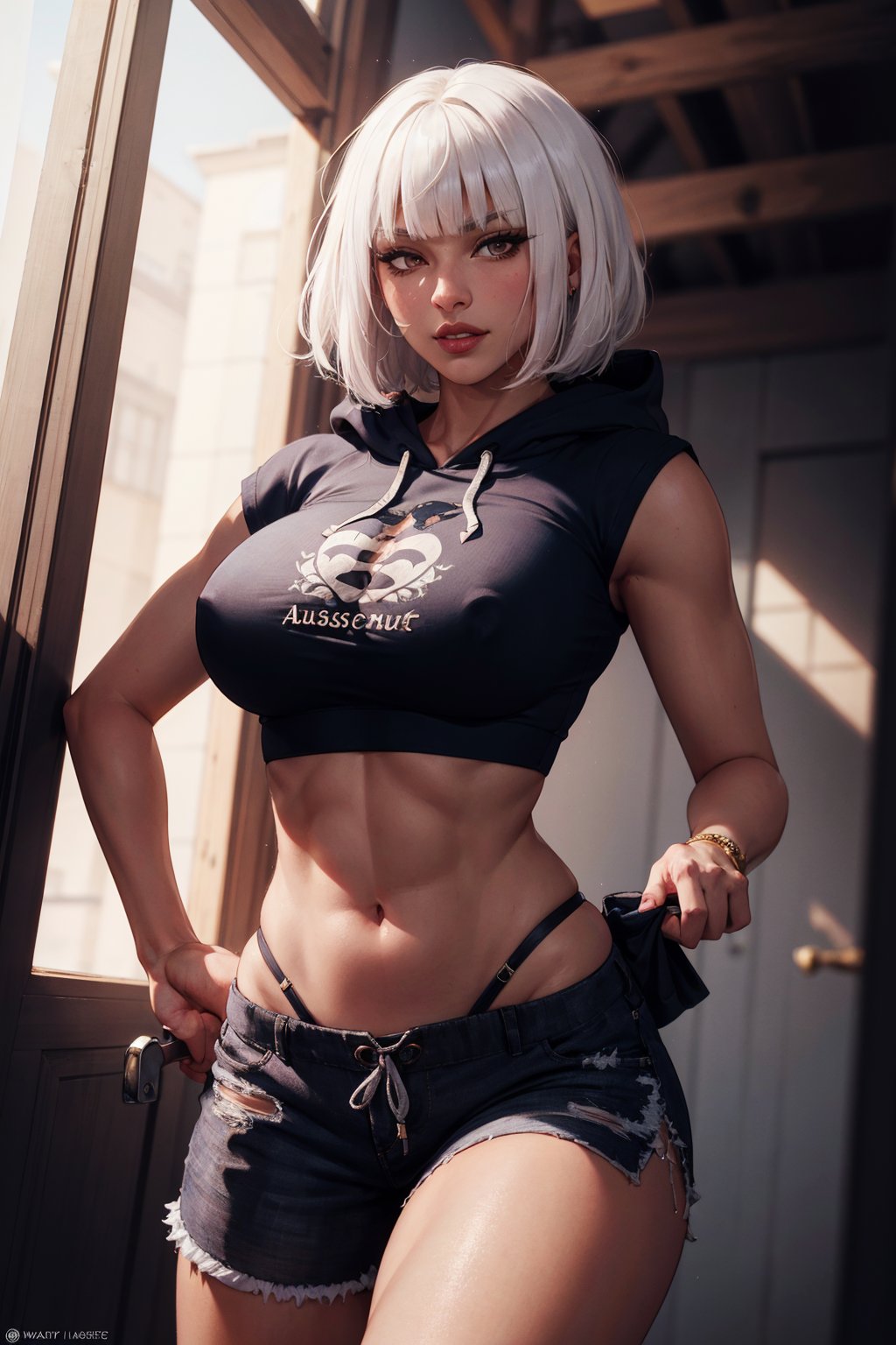 (masterpiece,best quality,absurdres,beautiful,intricate,4k,detailed,aesthetic),1girl,dark-skinned female,bob cut,blunt bangs,white hair,huge breasts,midriff,hoodie,crop top overhang,shorts,smug,