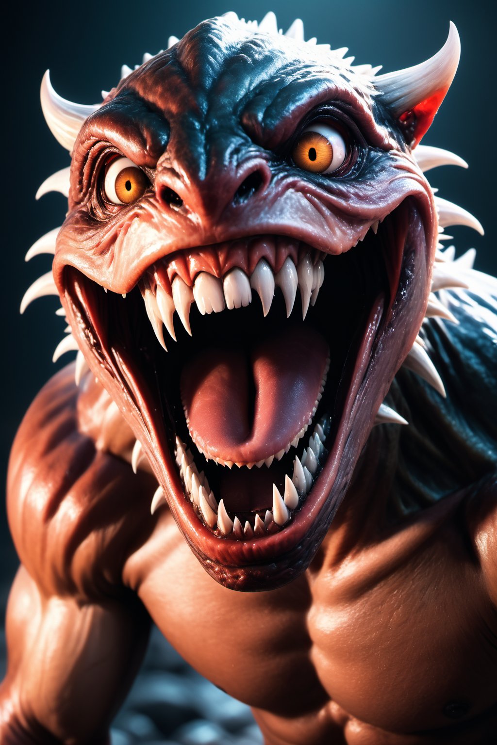 High resolution, extremely detailed, atmospheric scene, masterpiece, best quality, high resolution, 64k, high quality, UHD, 

/GC\

solo, open mouth, 1boy, male focus, teeth, no humans, muscular, colored skin, sharp teeth, claws, monster, horror \(theme\)