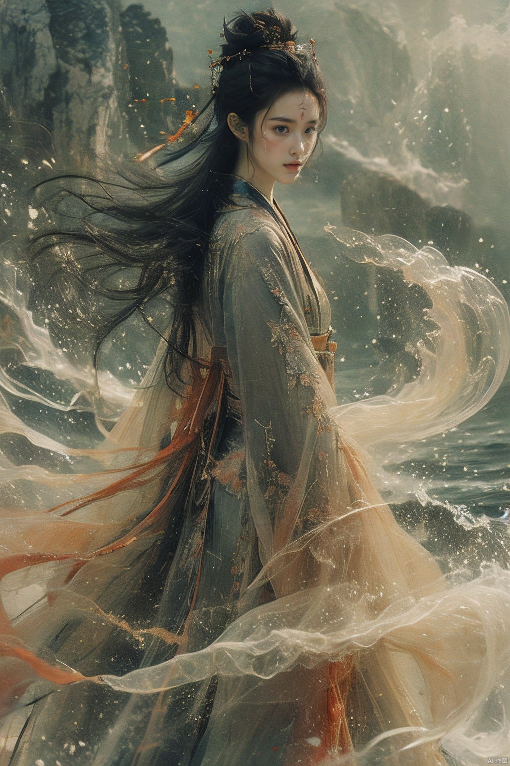 sdmai, jinghong, Chinese watercolor painting,  Chinese style,  splash-ink,  sputtering,  solo,  long hair,  black hair,  chinese clothes,  1girl,  hanfu,  hair bun,  single hair bun,  robe,  hair ornament,  long sleeves,  standing,  forehead mark, jinghong,  sdmai,<lora:EMS-274152-EMS:1.000000>