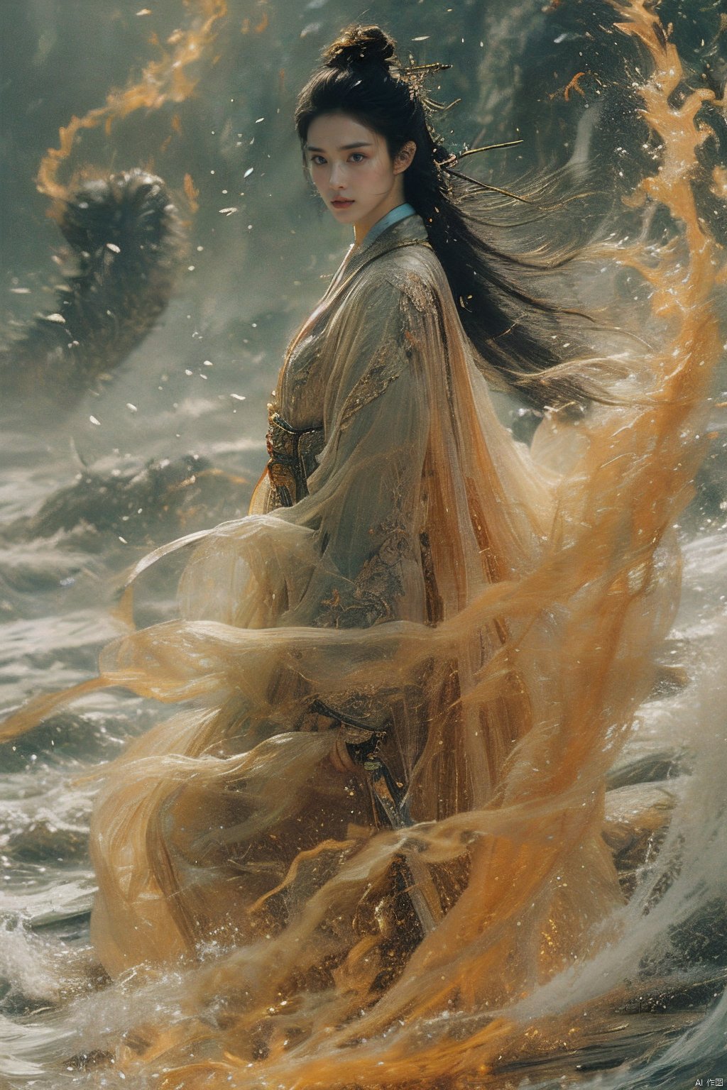 sdmai,  wuxia,  Best quality, masterpiece, ultra high res, 1girl, beautiful_face, detailed skin, , gu, dragon, full body, , weapon, black hair, holding weapon, blood, arm guards, male focus, looking at viewer, black eyes, tabi, floating hairfull body, orange, , hands up,  ., jinghong,<lora:EMS-274152-EMS:1.000000>