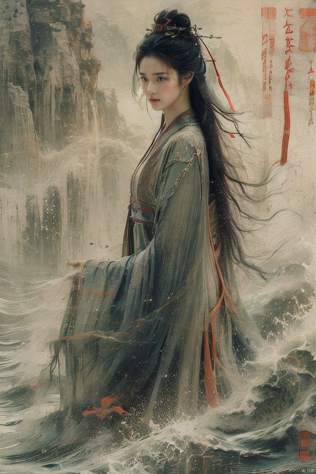 sdmai, jinghong, Chinese watercolor painting,  Chinese style,  splash-ink,  sputtering,  1girl,  long hair,  chinese clothes,  solo,  black hair,  hanfu,  hair bun,  water,  waves,  hair ornament,  beads,  very long hair,  single hair bun,  long sleeves, jinghong,<lora:EMS-274152-EMS:1.000000>