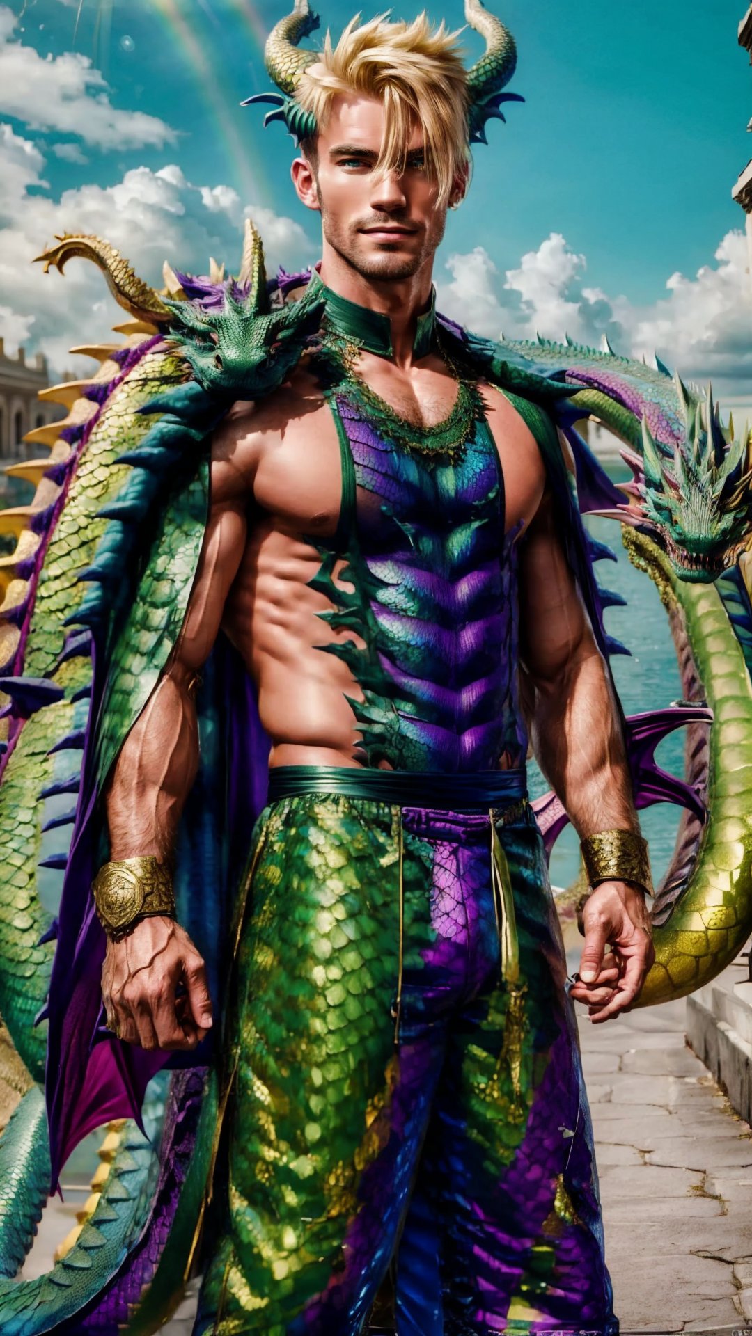 1boy, male focus, masterpiece, ultra detailed, hyper realistic, young, beautiful, smirk, full body, expensive, palace, rainbow, dragon horns, scales, dragon_fashion,photorealistic,Sexy Pose,cute blond boy
