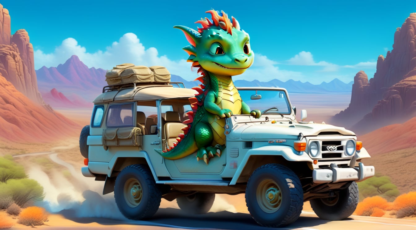 a cute dragon boy,driving a cute land cruiser on a highway,wearing goggles,Nevada desert backdrop,highly detailed,ultra-realistic,vibrant colors,cinematic lighting,rule of thirds,depth of perspective,trending on artstation,wide shot,digital artwork by Hayao Miyazaki and Stephen Hillenburg,niji5,dragon_h