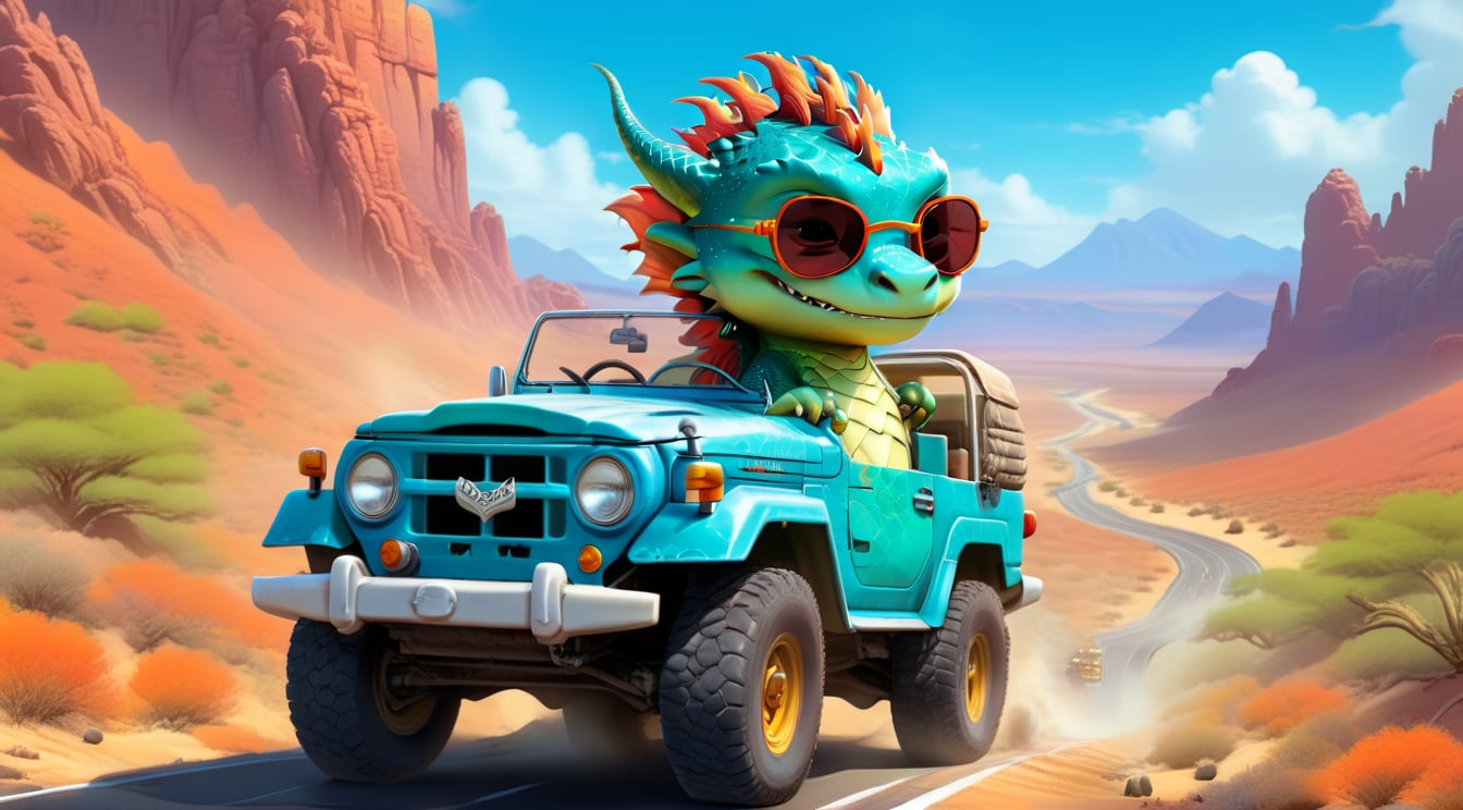 a cute dragon boy,driving a cute land cruiser on a highway,wearing goggles,Nevada desert backdrop,highly detailed,ultra-realistic,vibrant colors,cinematic lighting,rule of thirds,depth of perspective,trending on artstation,wide shot,digital artwork by Hayao Miyazaki and Stephen Hillenburg,niji5,dragon_h