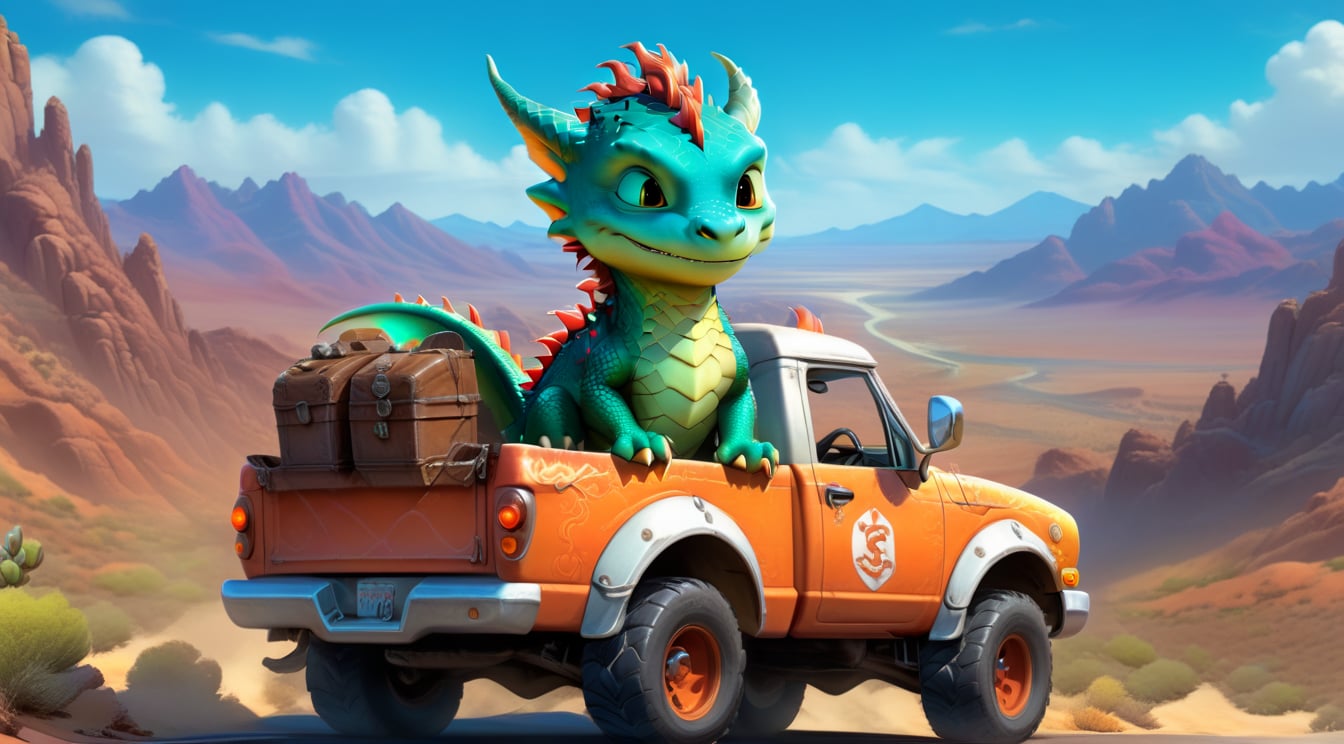 a cute dragon boy,driving a cute pickup truck on a highway,((wearing goggles)),Nevada desert backdrop,highly detailed,ultra-realistic,vibrant colors,cinematic lighting,rule of thirds,depth of perspective,trending on artstation,wide shot,digital artwork by Hayao Miyazaki and Stephen Hillenburg,niji5,dragon_h