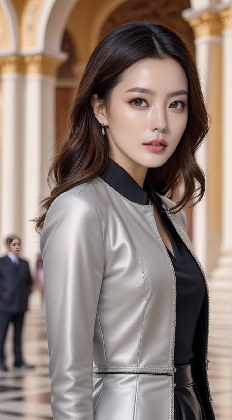 ((Hyper-Realistic)) (fullbody:1.3) photo of a girl standing,20yo,1girl,alluring neighbor's wife,clear facial features,detailed exquisite symmetric face,detailed black eyes,detailed soft shiny skin,glossy lips,smlie,mesmerizing,detailed short hair,(elegant jacket,shirt and skirt),(showing knee and highheels:1.5),model pose
BREAK
(detailed realistic backdrop of Triumphal Arch in Tiras Paul,Transist,the eastern part of Moldova),(scene with a beautifully composed background,featuring a diminutive girl in the foreground,distant view:1.3)
BREAK
rule of thirds,perfect composition,expressionism,studio photo,trending on artstation,(Masterpiece,Best quality,32k,UHD:1.5),(sharp focus,high contrast,HDR,ray tracing,hyper-detailed,intricate details,ultra-realistic,award-winning photo,kodachrome 800:1.4),(cinematic lighting:1.2),by Karol Bak,Gustav Klimt,Gerald Brom and Hayao Miyazaki,
real_booster,art_booster,photo_b00ster,kim youjung,kim_heesun