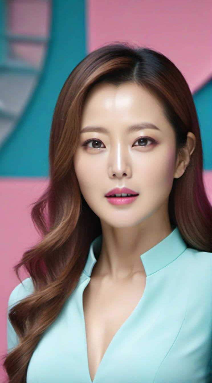 realistic portrait of a beautiful woman,detailed exquisite symmetric face,sharp nose,long hair,hourglass figure,perfect female form,slim and tall model body,skinny tight pink white cyan clothes,bokeh backgrop,looking at viewer,siena natural ratio,by Sakimichan and Yoji Shinkawa and Serafleur,more detail XL,kim_heesun