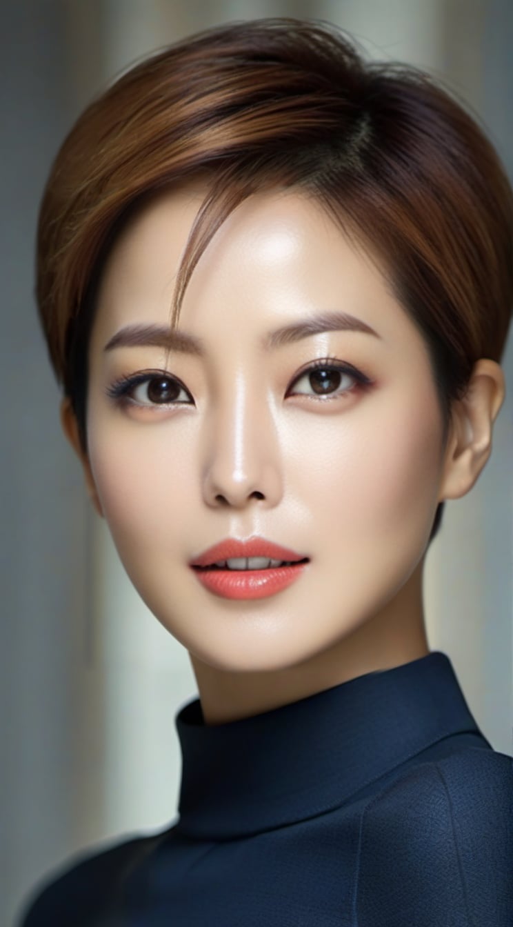 realistic portrait of a beautiful woman,detailed exquisite symmetric face,sharp nose,short hair,hourglass figure,perfect female form,slim and tall model body,skinny tight clothes,bokeh,looking at viewer,siena natural ratio,by Sakimichan and Yoji Shinkawa and Serafleur,more detail XL,kim_heesun