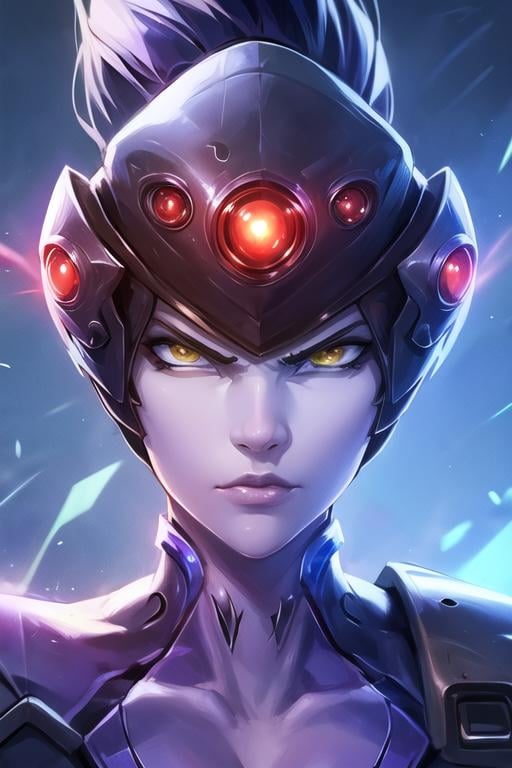 portrait, widowmaker, death glare, visor, night sky, <lora:widowLast:0.7>, best quality