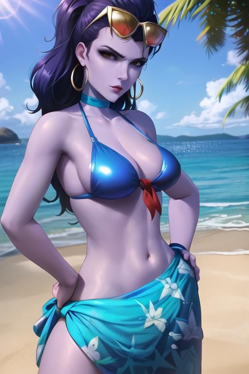 portrait, cote d'azur,  blue bikini, blue skirt, small breasts, choker, hoop earrings, sultry expression, purple skin, blue skin, front-tie top, swimsuit, sarong, eyewear on head, beach background, sunlight, hands on hips,<lora:widowLast:0.7>, best quality