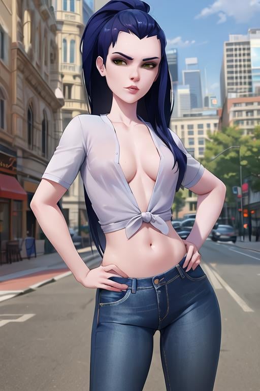 widowmaker, shirt, jeans, city street, day, hands on hips, looking at viewer, <lora:widowmakerOverwatchLORA_v1:0.7>, best quality