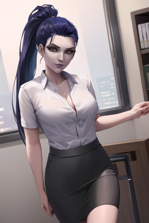 widowmaker, looking at viewer, ponytail, dressed in office suit, pencil skirt, white shirt, office, dim light, <lora:widowmakerLast:0.7>, best quality