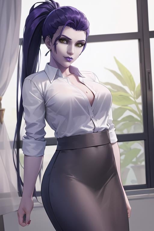 widowmaker, looking at viewer, ponytail, purple skin, dressed in office suit, pencil skirt, white shirt, office, dim light, <lora:widowmakerLast:0.7>, best quality