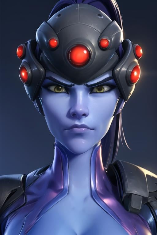 portrait, widowmaker, bodysuit, neutral facial expression, slight frown, (head-mounted display), visor, ponytail, night sky, moonlight, <lora:widowmakerLast:0.8>, best quality