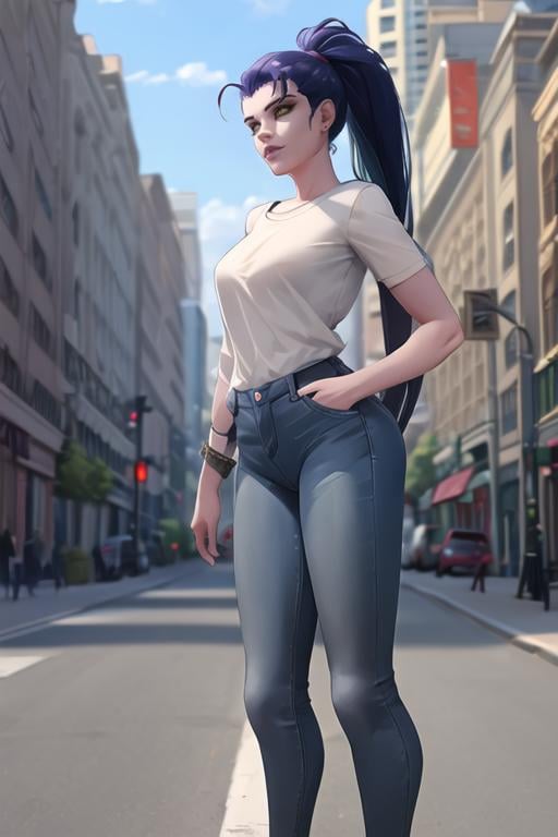 widowmaker, casual clothes, shirt, jeans, city street, bright sunlight, standing, solo, <lora:widowmakerLast:0.7>, best quality