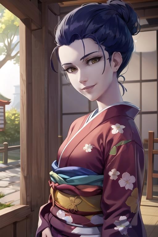 widowmaker, waist up, gentle smile, short bob hair, bright sunlight, japanese kimono, japanese temple, day, peaceful facial expression, <lora:widowmakerLast:0.7>, best quality