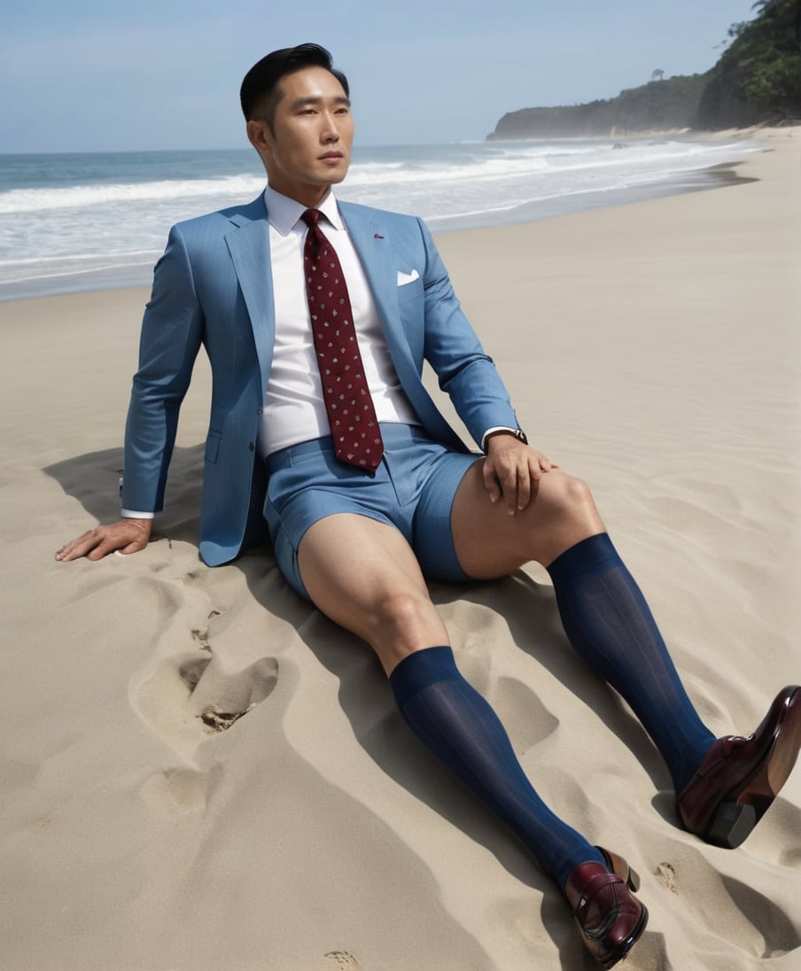 over the calf socks, wearing shorts, RAW, blue stripe suits, burgundy circle print tie photorealistic,Masterpiece, 1guy, vertical strip socks, otc socks,Movie Still, full body portrait, asian men, wearing black loafers , black socks,men, 185cm tall, solo, in the beach, laying down