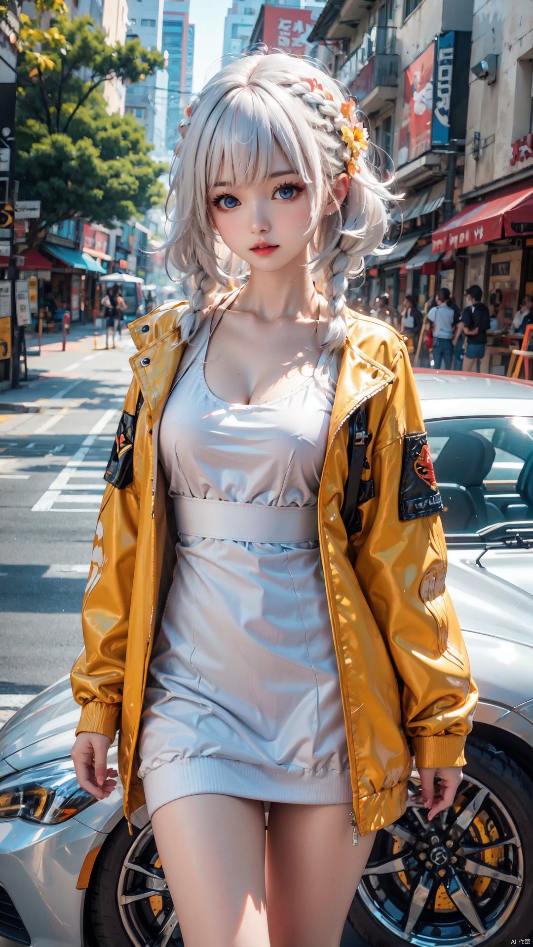 1girl, solo, long hair, looking at viewer, blush, bangs, blue eyes, long sleeves, dress, standing, collarbone, jacket, braid, white hair, multicolored hair, cowboy shot, outdoors, parted lips, open clothes, white dress, twin braids, lips, streaked hair, coat, makeup, ground vehicle, motor vehicle, zipper, red lips, car, yellow jacket, xihua, chang