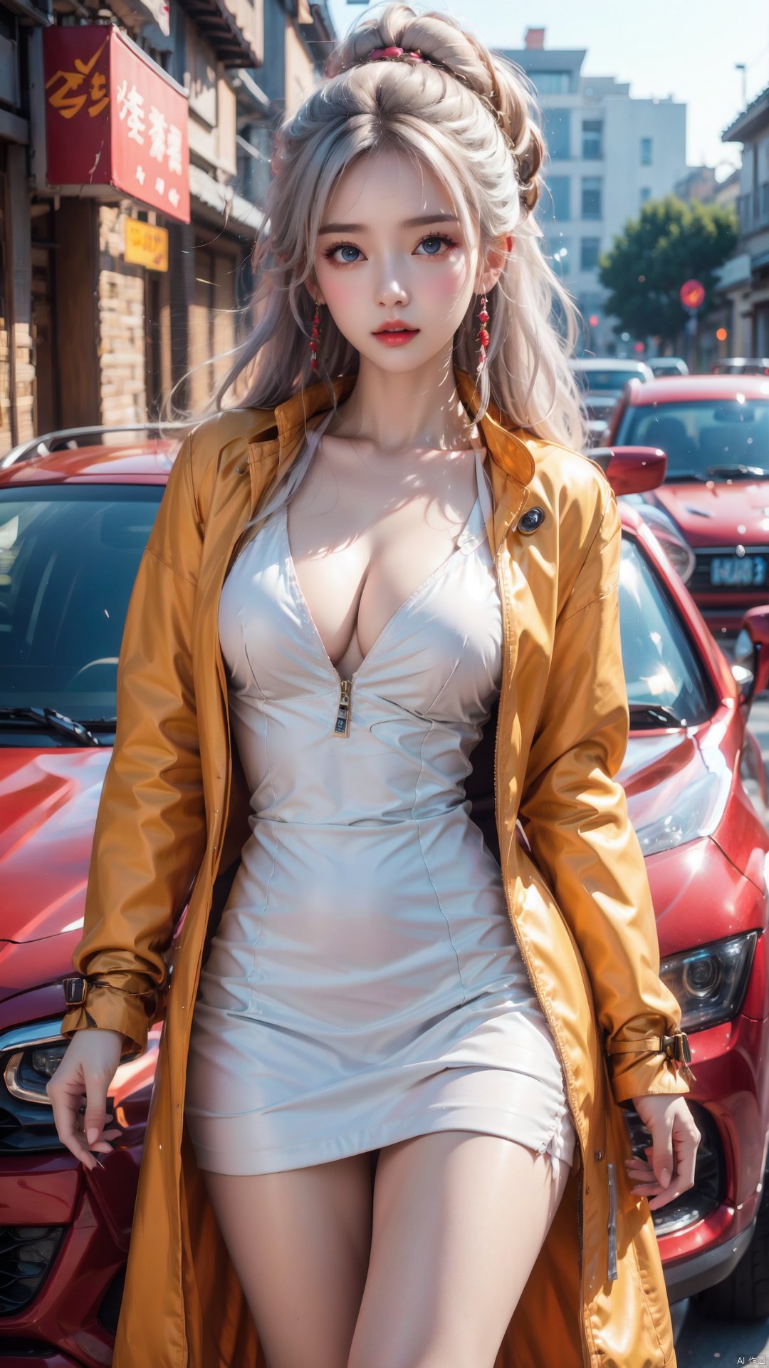 1girl, solo, long hair, looking at viewer, blush, bangs, blue eyes, long sleeves, dress, standing, collarbone, jacket, braid, white hair, multicolored hair, cowboy shot, outdoors, parted lips, open clothes, white dress, twin braids, lips, streaked hair, coat, makeup, ground vehicle, motor vehicle, zipper, red lips, car, yellow jacket, xihua, chang