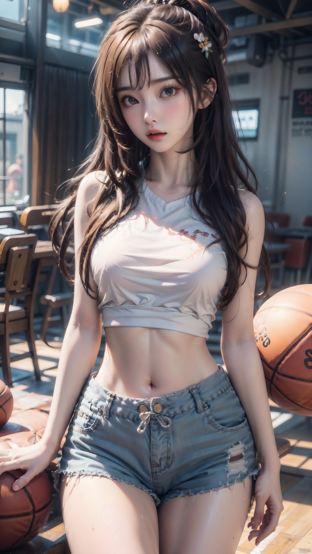  1girl, solo, long hair, breasts, looking at viewer, blush, open mouth, bangs, brown hair, shirt, hair ornament, navel, holding, bare shoulders, brown eyes, medium breasts, standing, collarbone, white shirt, thighs, cowboy shot, sweat, parted lips, shorts, sleeveless, solo focus, midriff, indoors, hair flower, bare arms, short shorts, sleeveless shirt, thigh gap, ball, white shorts, sportswear, holding ball, basketball, stadium, basketball uniform