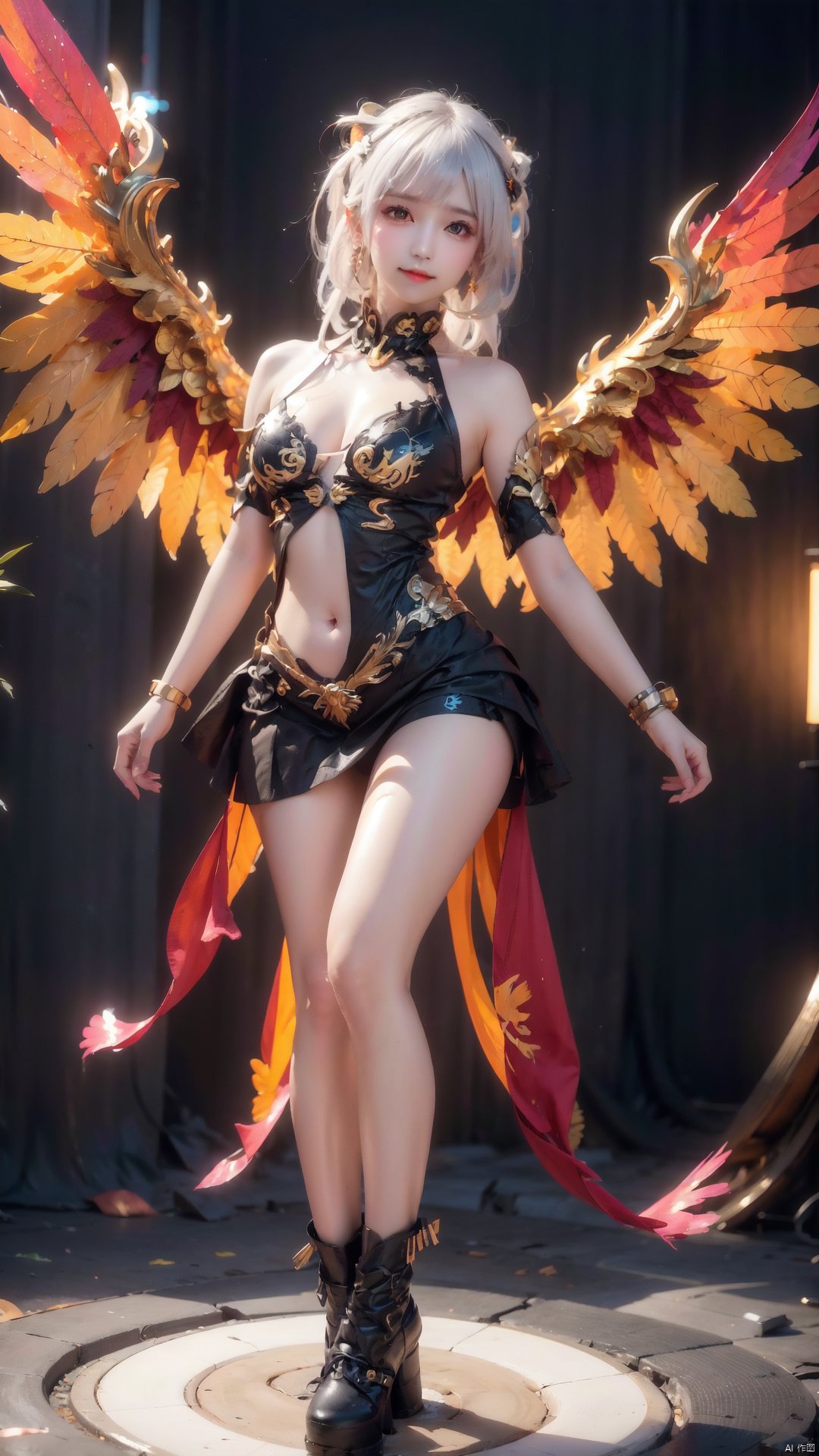 1girl, solo, long hair, looking at viewer, smile, bangs, skirt, hair ornament, red eyes, navel, bare shoulders, jewelry, closed mouth, standing, full body, white hair, earrings, boots, wings, midriff, artist name, hair bun, chibi, black footwear, mole, gradient, gradient background, mole under eye, double bun, white skirt, feathered wings, angel wings, white wings, faux figurine, xihua, chang