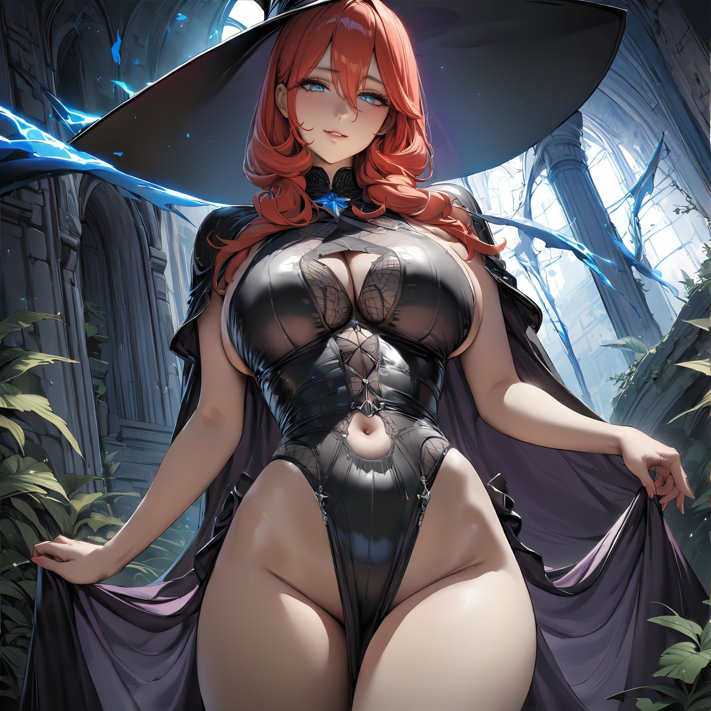 ((masterpiece, best quality, highres, absurbres, 8k, highly detailed:1.4)), ((beautiful eyes detailed:1.2)), perfect face, looking at viewer, 1girl, ((cowboy shot:1.5)), red hair, bangs, hair between eyes, blue eyes, solo, big breasts, slight smile, fantasy, ((witch outfit:1.2)), ((dark room:1.1)), standing, ((depth of field:1.2)), portrait, cinematic, 64k,sakimichan style