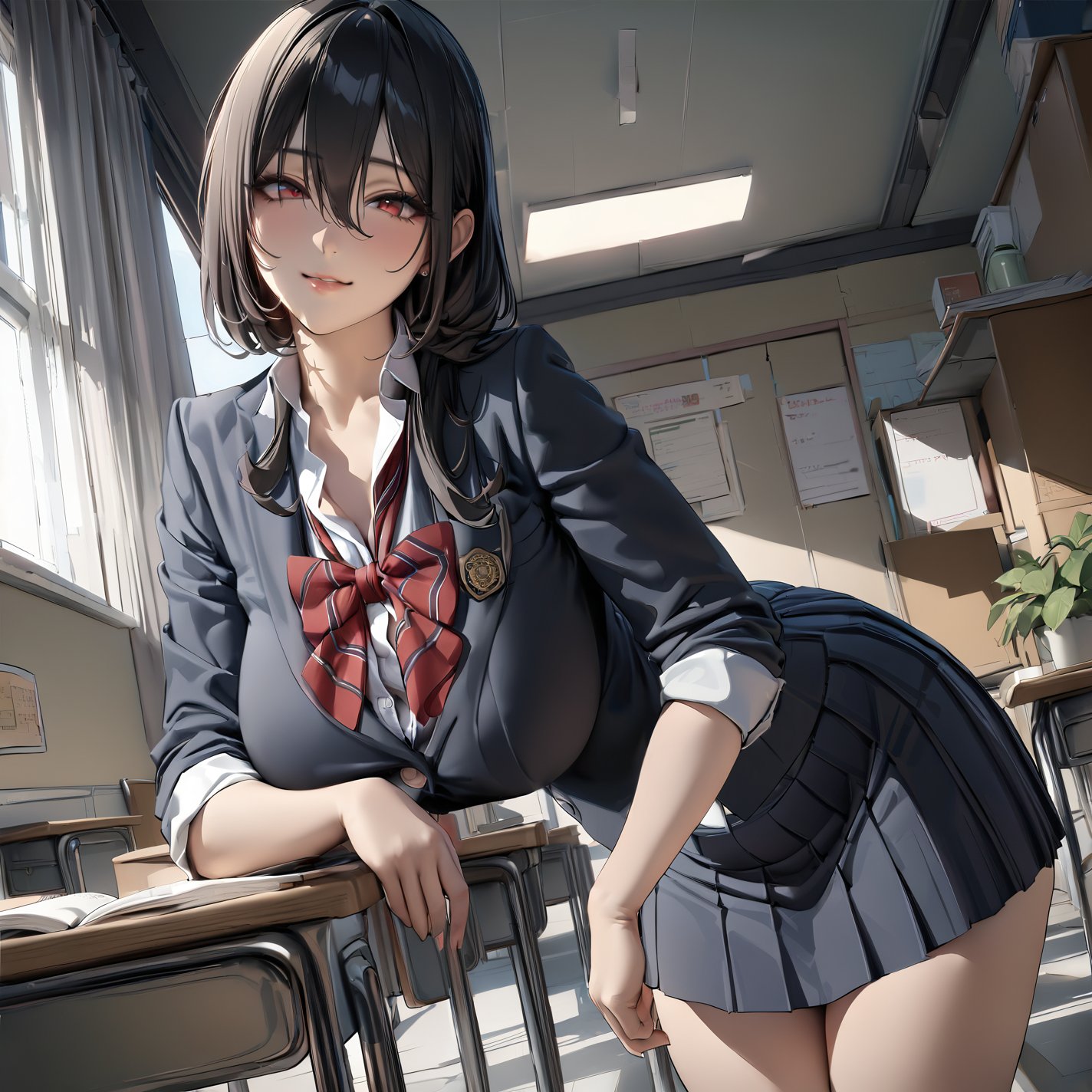 ((masterpiece, best quality, highres, absurbres, 8k, highly detailed:1.4)), ((beautiful eyes detailed:1.2)), perfect face, looking at viewer, 1girl, ((cowboy shot:1.5)), black hair, bangs, hair between eyes, red eyes, solo, big breasts, slight smile, ((school uniform, skirt:1.2)), ((classroom:1.1)), standing, ((depth of field:1.2)), portrait, cinematic, 64k,sakimichan style