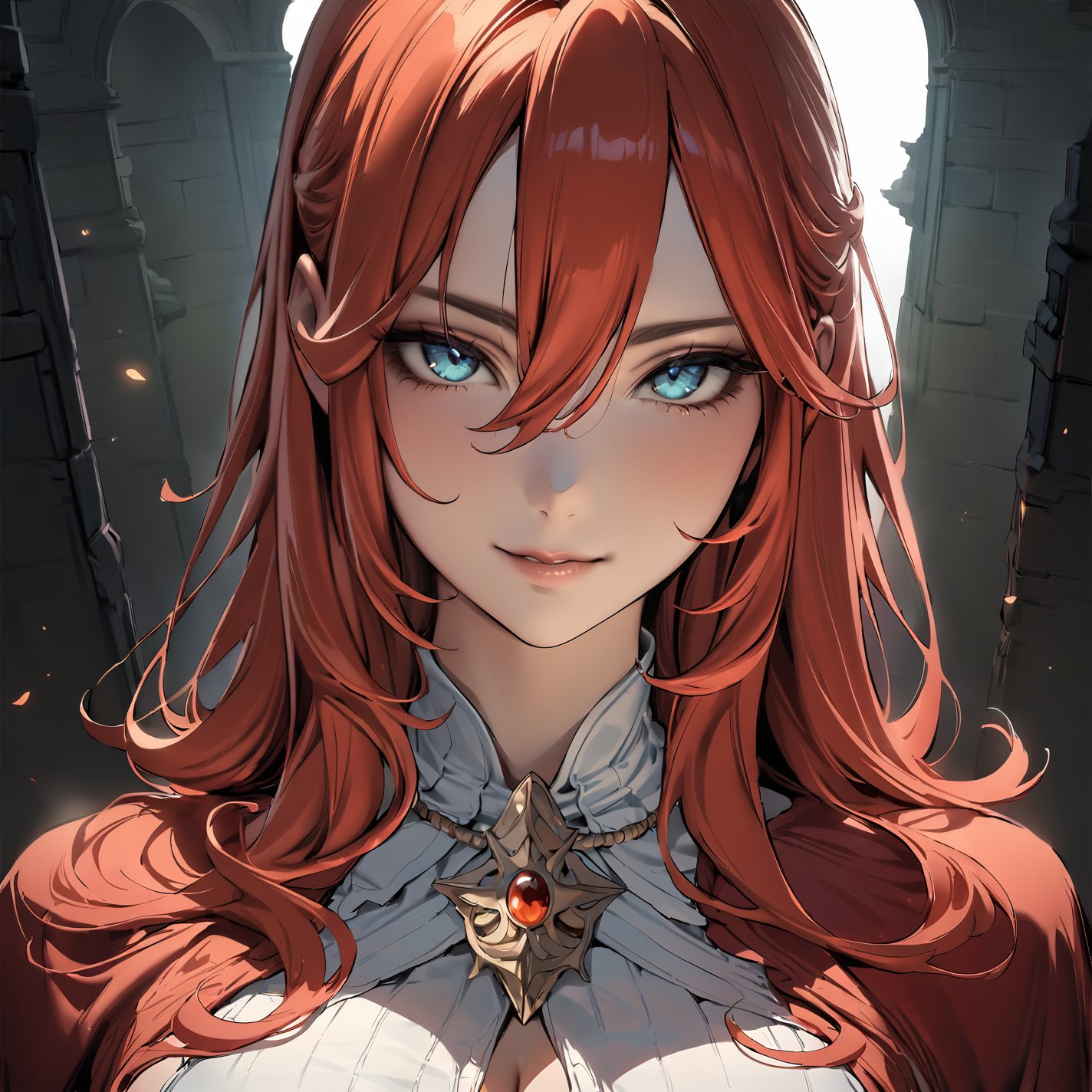 ((masterpiece, best quality, highres, absurbres, 8k, highly detailed:1.4)), ((beautiful eyes detailed:1.2)), perfect face, looking at viewer, 1girl, ((close up)), red hair, bangs, hair between eyes, blue eyes, solo, big breasts, slight smile, fantasy, ((witch outfit:1.2)), ((dark room:1.1)), standing, ((depth of field:1.2)), portrait, cinematic, 64k,sakimichan style