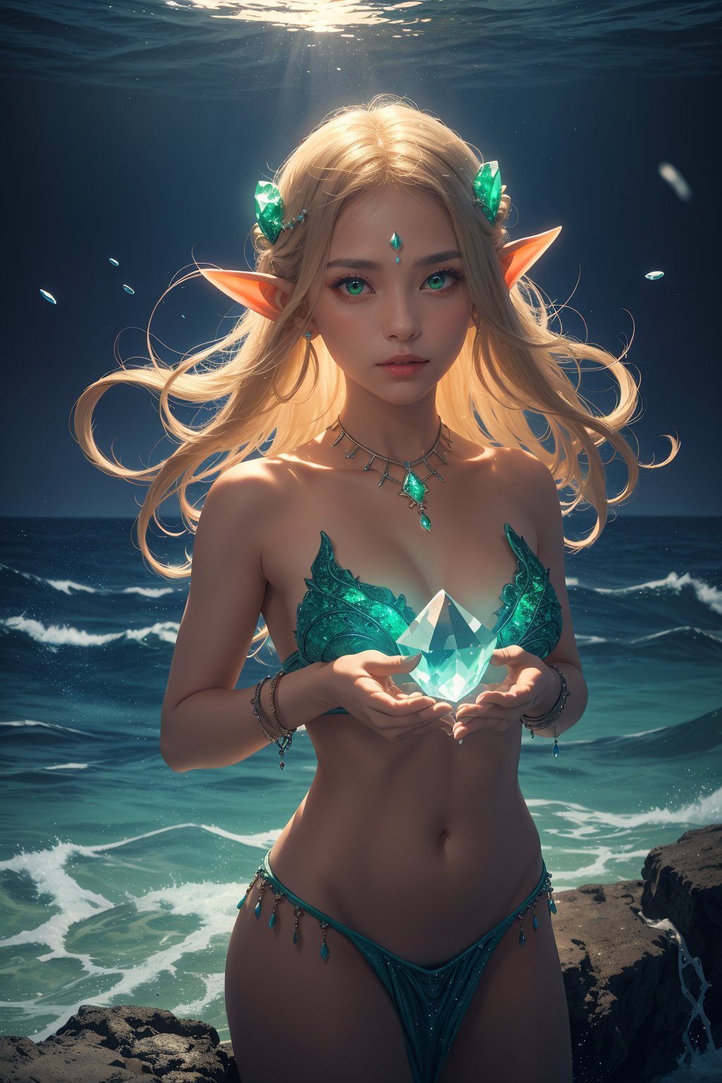 masterpiece, ultra quality, sharp focus, beautiful goddess of sea, pointy ears, scale body, dark atmosphere ocean, jewelry, looking at viewer with sharp eyes, colorful glowing particles, photorealistic, holding glowing green crystal