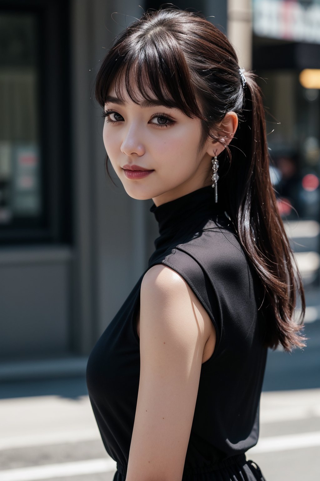 Best quality, raw photo, photorealism, UHD,lifelike rendering, (upper body portrait:1.2), Photo of Beautiful Korean woman, mid-twenty, kpop idol, stunning, medium dark brown ponytail, double eyelids, dark brown eyes, daily makeup, natural medium-large breasts, tall body, soft curves, pale skin, daily outfit, chiffon dress, sharp focus, smile, gaze at camera, from side below, closed to up, thighs focus, detailed eyes and facial, detailed real skin texture, detailed fabric rendering, natural sunlight, ray tracing 