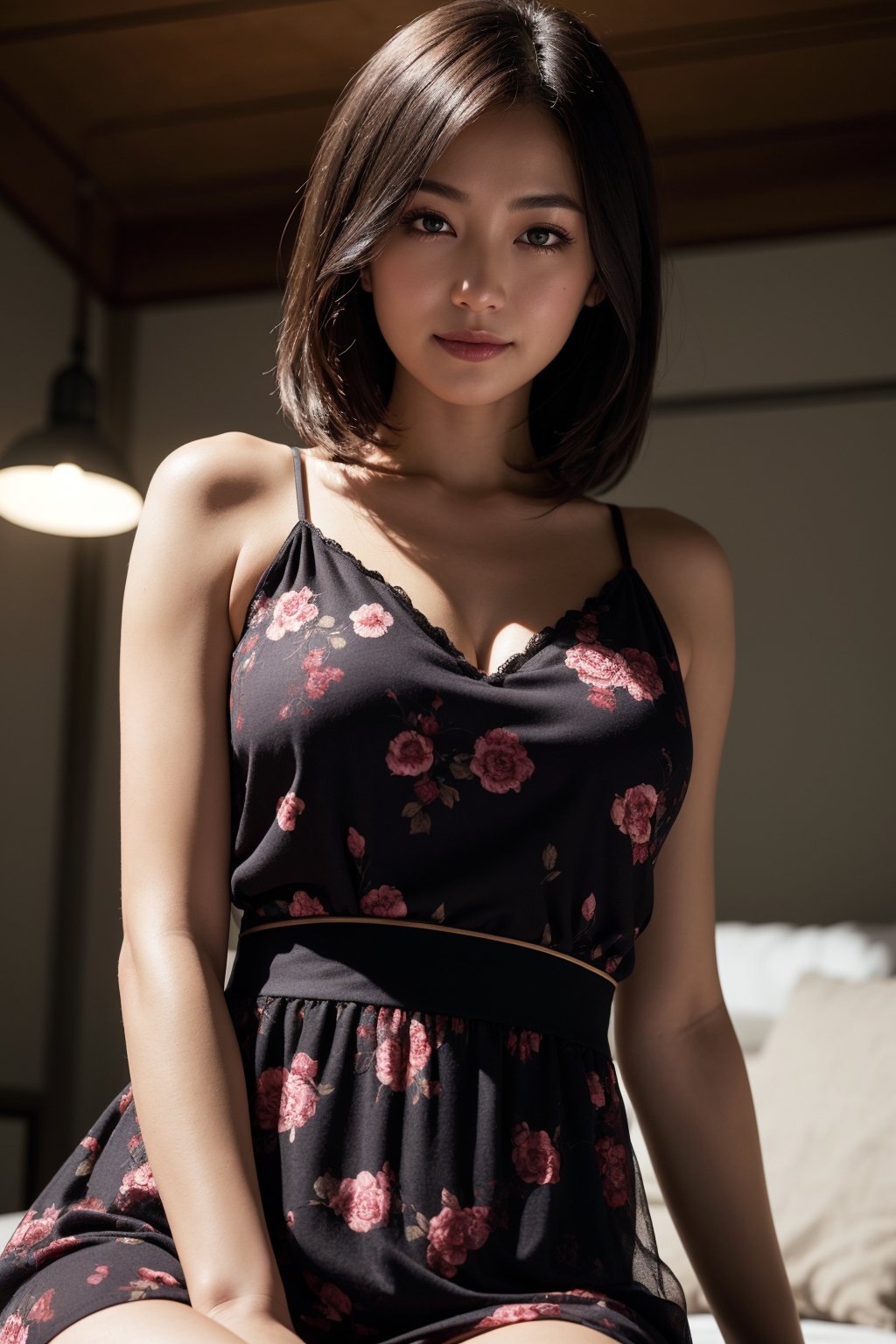 Best quality, raw photo, photorealism, UHD, lifelike rendering, Photo of Beautiful Japanese woman, early-twenty, medium dark brown hair, double eyelids, dark brown eyes, natural medium-large breasts, pale skin, daily outfit, tulle-chiffon floral loose dress, sharp focus, smile, gaze at camera, from front below, closed to up, thighs focus, detailed eyes and facial, detailed real skin texture, detailed fabric rendering, natural lightning, ray tracing 