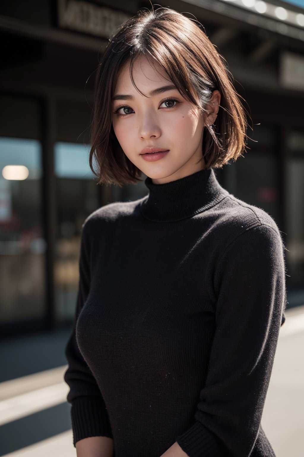 (Best quality, 8k, raw photo, 32k UHD),Photo of Beautiful Japanese woman,  20yo,  Jpop idol,  stunning, short dark brown hair, double eyelids, dark brown eyes, soft curves,  pale skin, white knits dress,  sharp focus, charming face, enchanting smile,  look at camera, from below,  upper body focus,  detailed eyes and facial,  detailed real skin texture,  detailed fabric rendering,  natural sunlight,  ray tracing