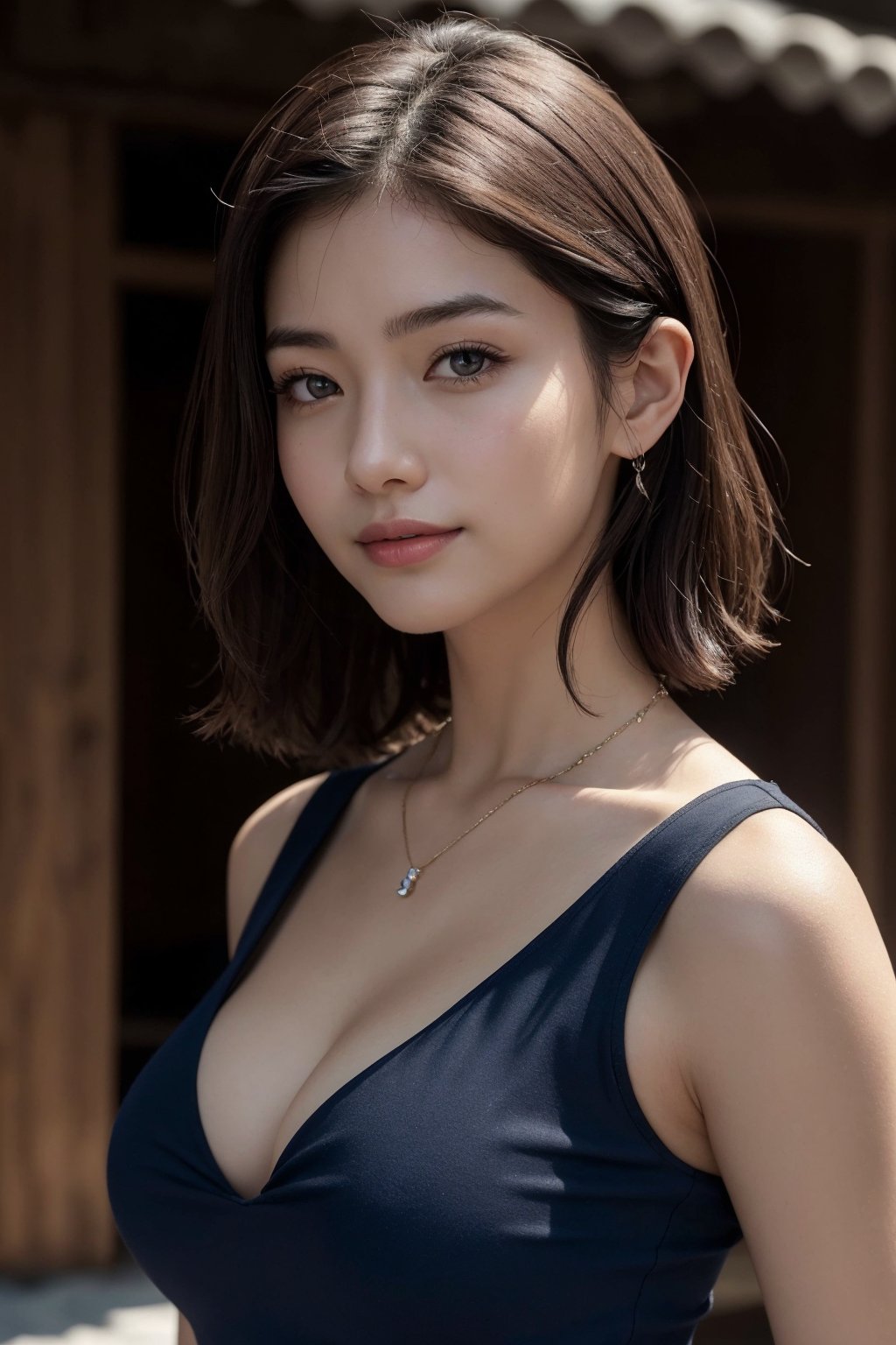 (Best quality, 8k, raw photo, Masterpiece, 32k UHD),  (upper body portrait:1.2),  Photo of Beautiful Japanese woman,  20yo ol, (short dark brown hair),  double eyelids, dark brown eyes, daily makeup,  natural medium-large breasts, soft curves,  pale skin,  daily outfit,  necklace, blue dress,  sharp focus, charming face, enchanting smile,  look at viewer,  from below,  upper body focus,  detailed eyes and facial,  detailed real skin texture,  detailed fabric rendering,  natural sunlight,  ray tracing