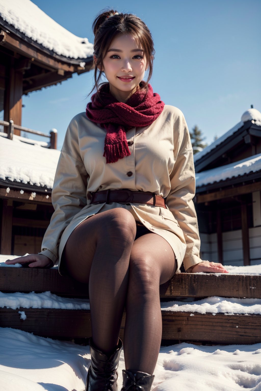 (Best quality, 8k, 32k, Masterpiece, UHD:1.2),Photo of Pretty Japanese woman, stunning, 1girl, (medium dark brown ponytail), double eyelid, natural medium-large breasts, slender legs, tall body, soft curves, white coat, knit dress shirt, checkered skirt, red scarf, snow heeled boot, sitting on stairs on shrine, snowy shrine, heavy snow on shrine, fashion model posing, unforgettable beauty, look at viewer, sexy smile, closed to up, lifelike rendering, detailed facial features, detailed real skin texture, detailed details 