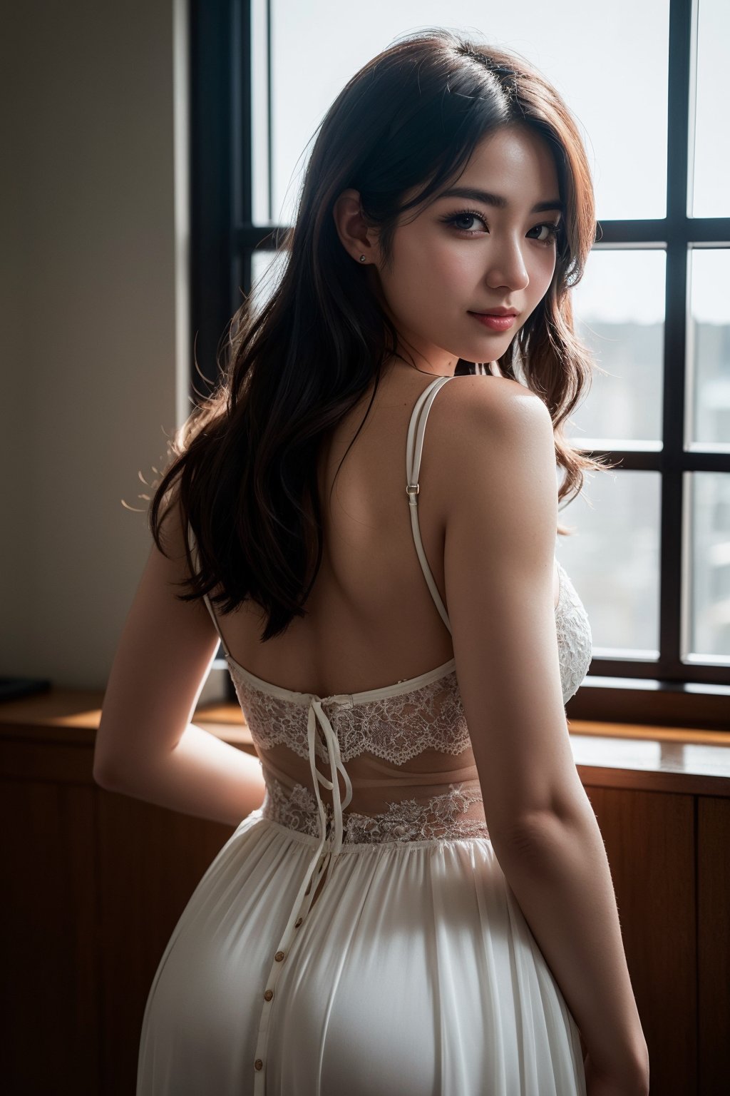 Best quality, raw photo, photorealism, UHD,lifelike rendering, (upper body portrait:1.2), photo of beautiful korean woman, mid-twenty, kpop idol, medium dark brown hair, double eyelids, dark brown eyes, natural medium-large breasts, high hips, pale skin, daily outfit, tulle-chiffon dress, sharp focus, look back, seductive face, sexy eyes, seducing smile, look at viewer, from behind below, thighs focus, detailed eyes and facial, detailed real skin texture, detailed fabric rendering, natural soft daylight, ray tracing 