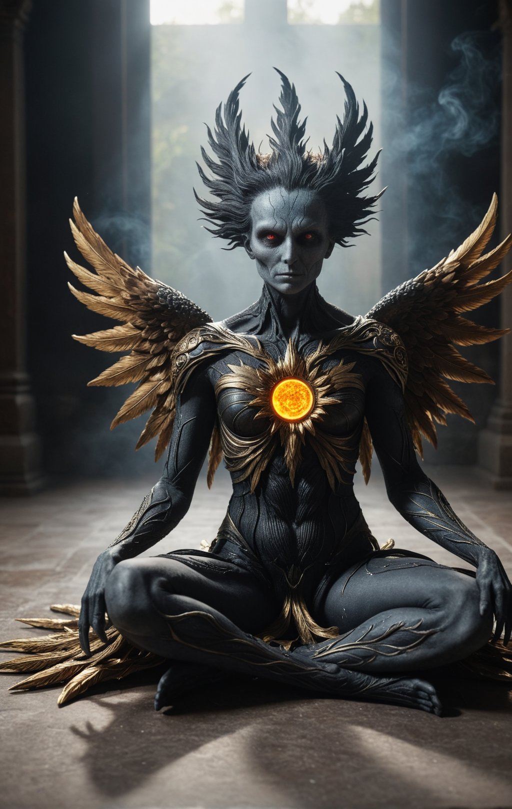 + solar phoenix, Altar of Mortis, of alchemy, small body, sitting on the floor pose, in Deposit, medium close-up view, failed art, shape change, nebulae, natural light highlighting the face, sharp focus, vertical orientation, Canon EOS R, 1/80s, f/2.8, ISO 100, (moving expression: 1.3), intimate portrait, deep narrative, (rich texture detail: 1.1), artistic photography