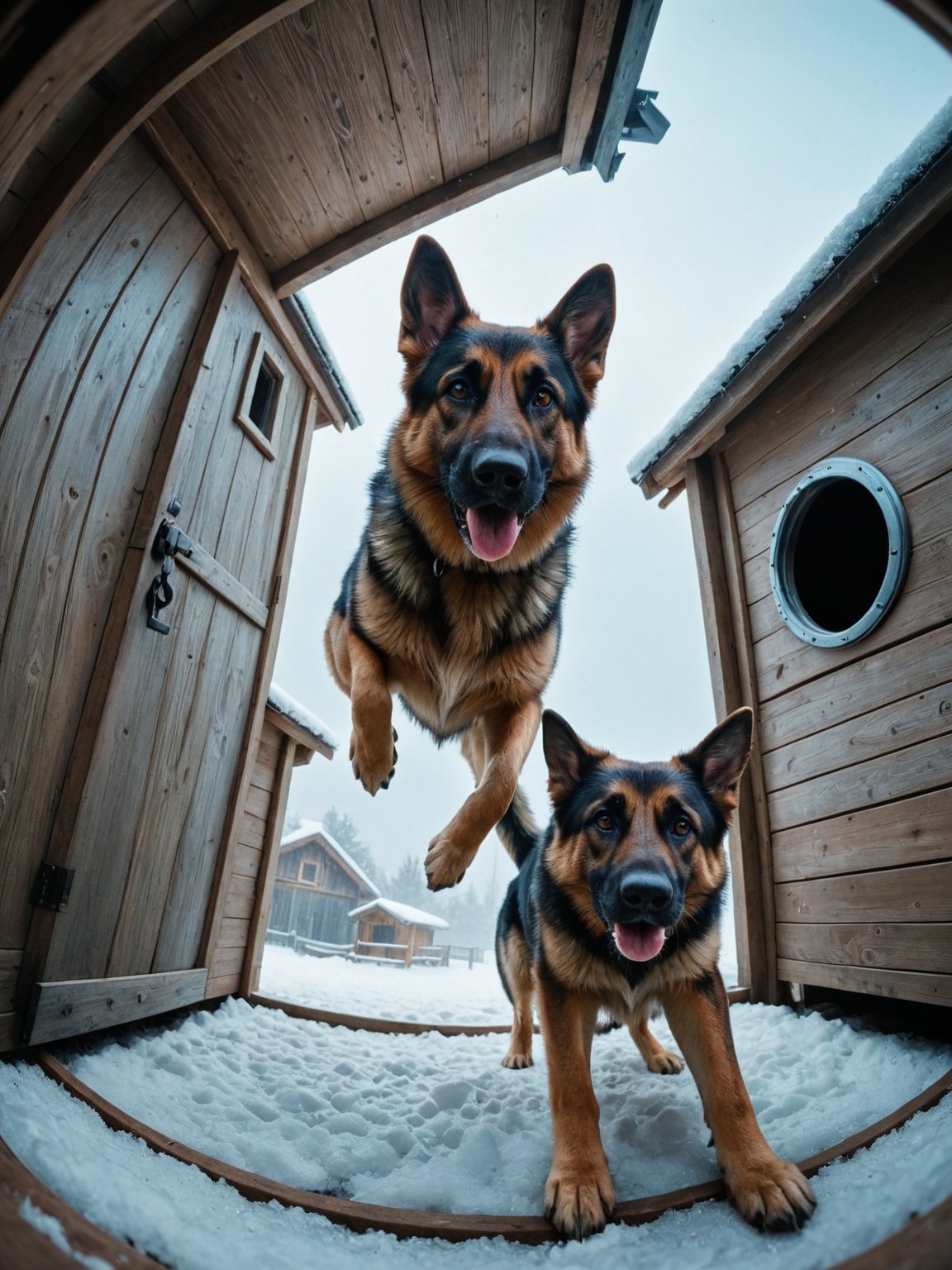 + German Shepherd, cyberpunk, small body, in Dog House, fish eye view, frost, glowing, metamorphic, epic cinematographic, main theme of a high budget action film, rough photography, blur of movement, better quality, high resolution