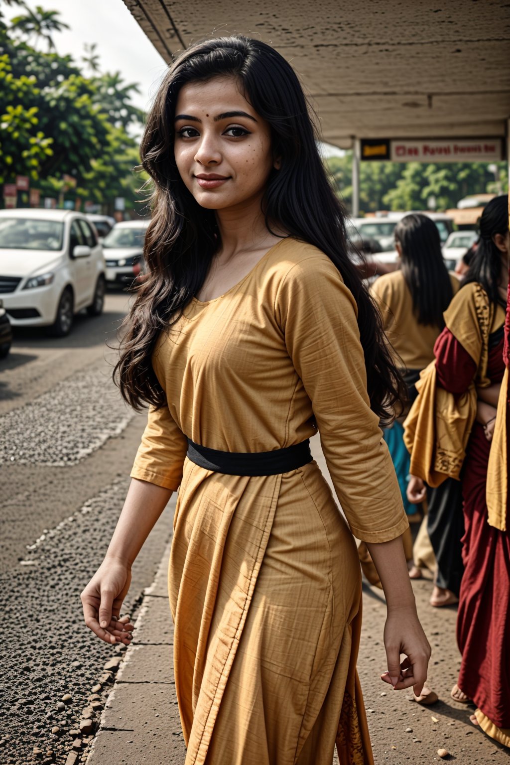 25yo girls walking on road, Crowd city, girls walking, crowd city, car, KSRTC Bus:0.8, busy city, color full dress, vibrant colours dresses, 
Create an realistic concept centered, timeless beauty. Her expressive eyes are windows to a world of emotion, her captivating smile leaves an indelible mark, and her flowing hair is a visual poetry. Explore how her gentle touch creates an aura that infuses every shared moment with a sense of destiny and magic. Develop the storyline, characters, and the world in which this enchanting girl exists,Realism, Mallugirl, Thrissur, Very crowded 