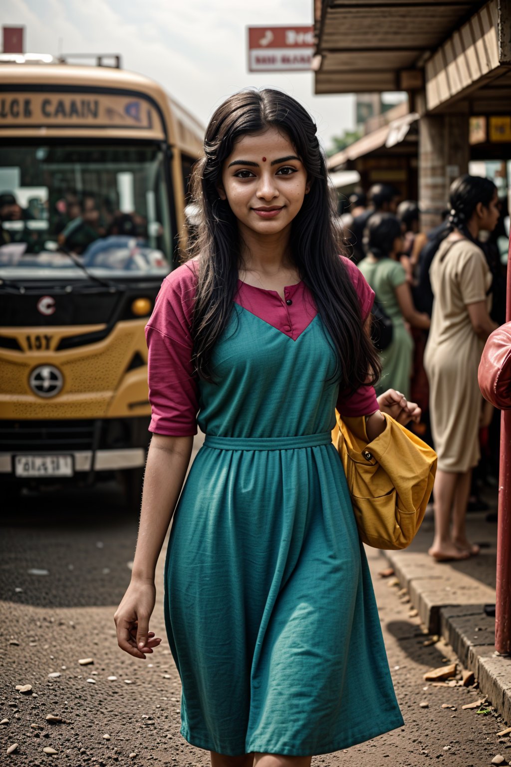 25yo girls walking on road, Crowd city, girls walking, crowd city, car, KSRTC Bus:0.8, busy city, color full dress, vibrant colours dresses, 
Create an realistic concept centered, timeless beauty. Her expressive eyes are windows to a world of emotion, her captivating smile leaves an indelible mark, and her flowing hair is a visual poetry. Explore how her gentle touch creates an aura that infuses every shared moment with a sense of destiny and magic. Develop the storyline, characters, and the world in which this enchanting girl exists,Realism, Mallugirl, Thrissur, Very crowded 