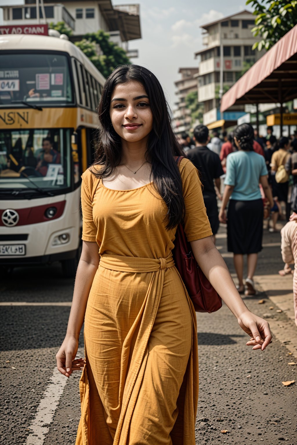 25yo girls walking on road, Crowd city, girls walking, crowd city, car, KSRTC Bus:0.8, busy city, color full dress, vibrant colours dresses, 
Create an realistic concept centered, timeless beauty. Her expressive eyes are windows to a world of emotion, her captivating smile leaves an indelible mark, and her flowing hair is a visual poetry. Explore how her gentle touch creates an aura that infuses every shared moment with a sense of destiny and magic. Develop the storyline, characters, and the world in which this enchanting girl exists,Realism, Mallugirl, Thrissur, Very crowded 