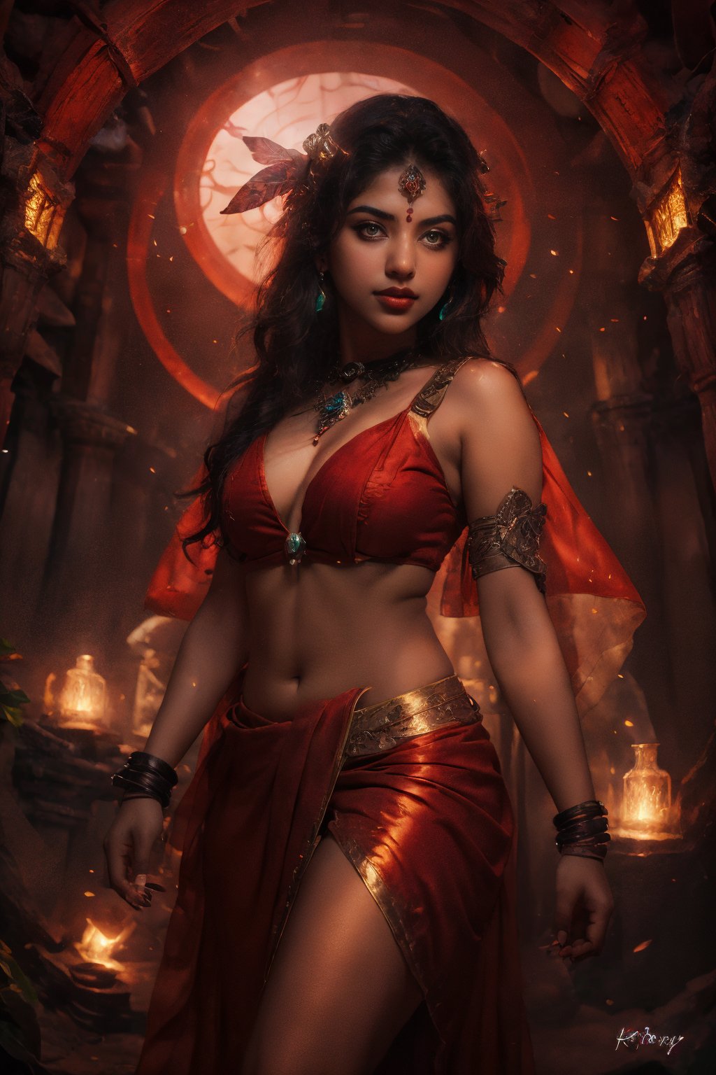 Raw photo of (25yo Kerala Beautiful young woman:1.1) (best quality, highres, ultra-detailed:1.2), vibrant colors, glowing dimond, glowing eyes, realistic Raw photo, realistic lighting, traditional Red saree,  exotic beauty, mesmerizing eyes, girl ,Thrissur,80' girl,18 year old girl,Girl 