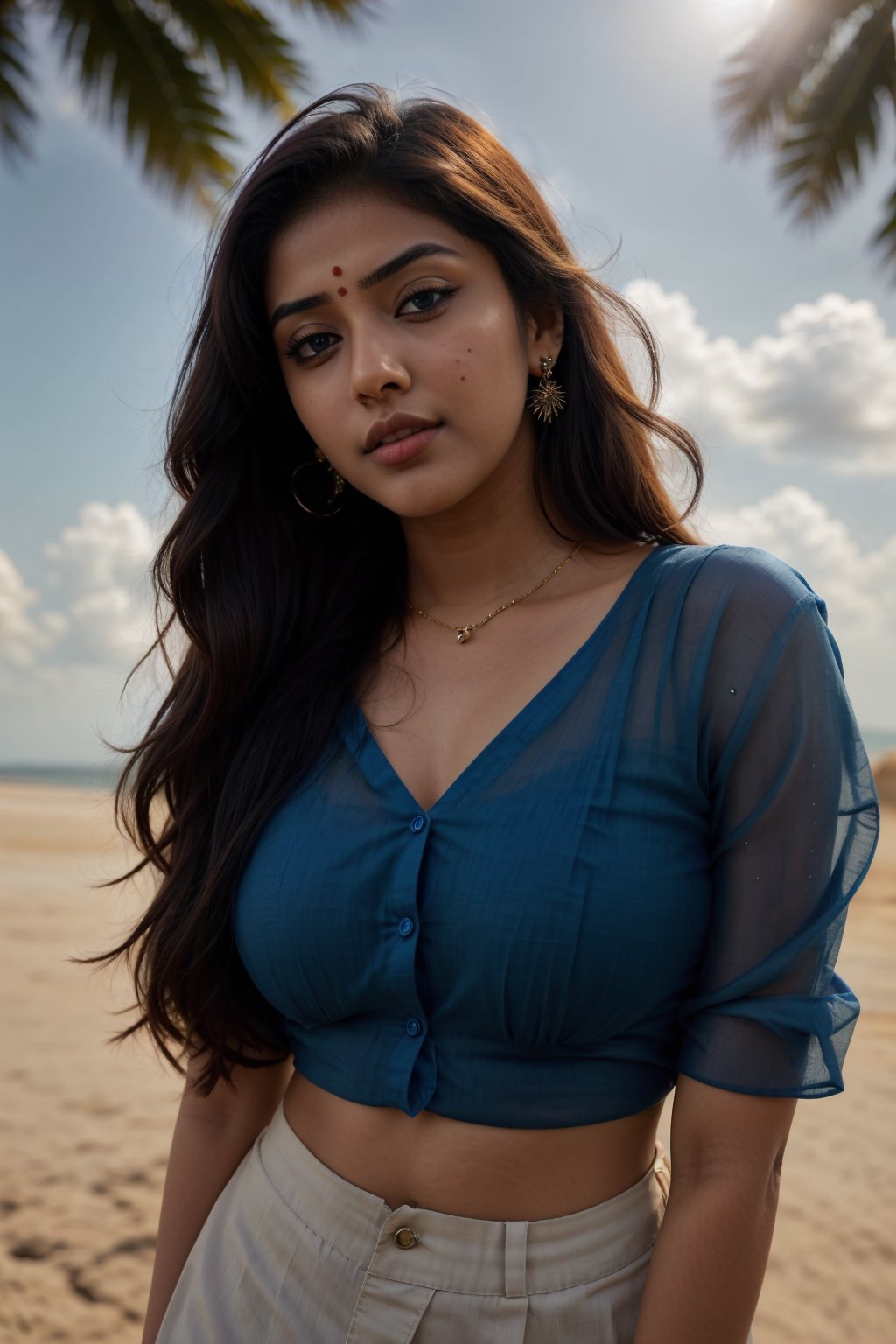 lovely cute young attractive indian girl, blue eyes, gorgeous actress, 21 years old, cute, an Instagram model, long hair, black hair, Indian, weaaring blouse, wearing bindi in forehead, ear rings,looking hot, under sunlight, looking on sky,27 year old girl ,Mallu 